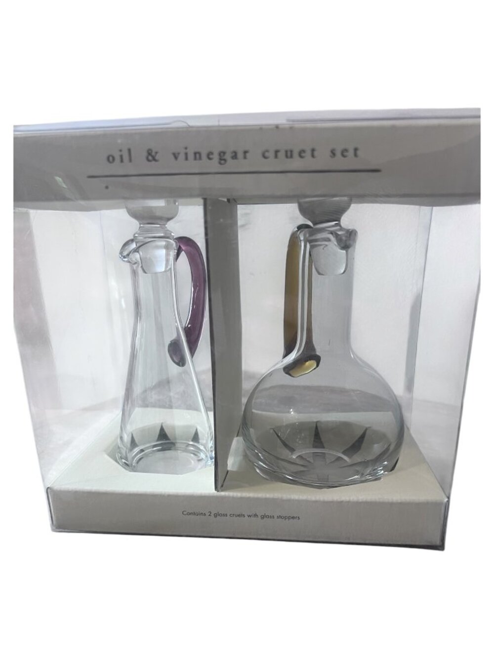 Pier 1 Imports Glass Oil and Vinegar Cruet Set With Stoppers Boxed